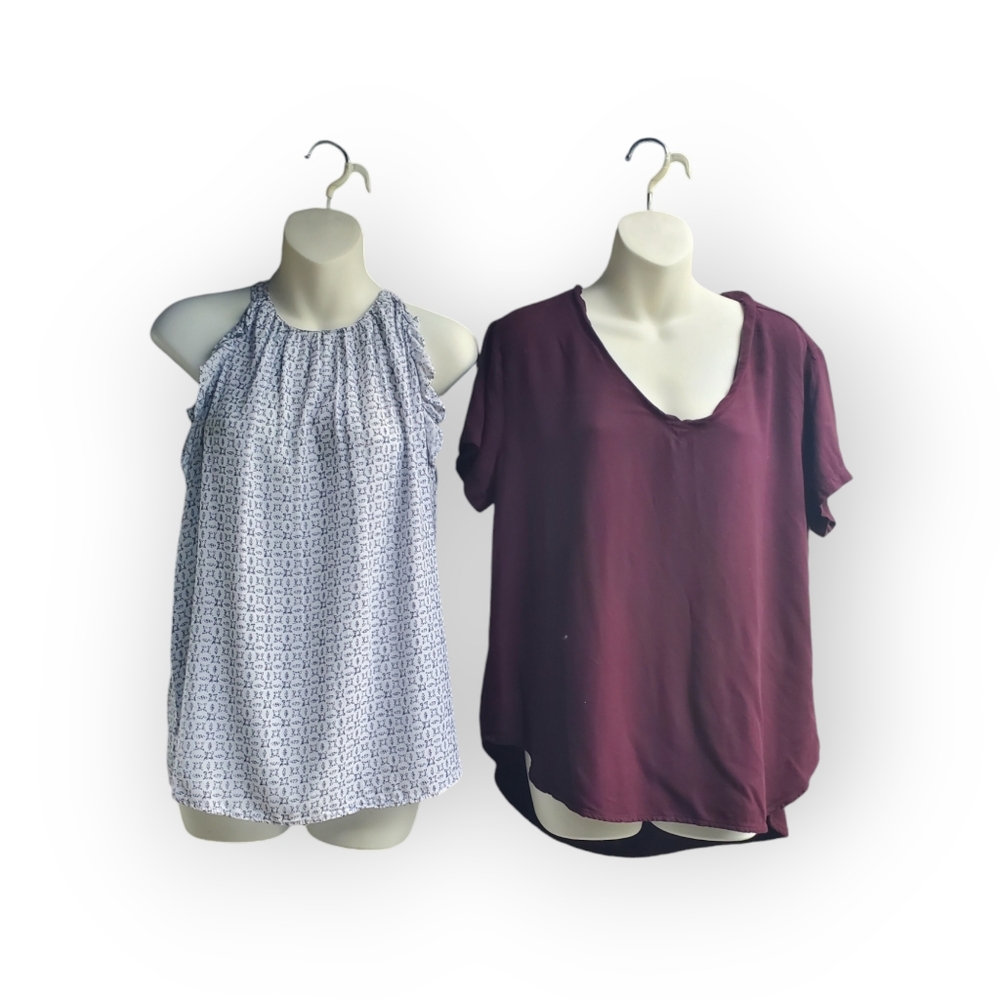 Cloth & Stone Maroon V Neck Tunic Old Navy Blue Floral Blouse Large Lot Of 2